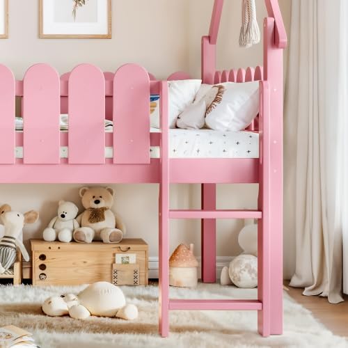 Bellemave Low Loft Bed Full with Slide and Lights Strip for Kids, Pink