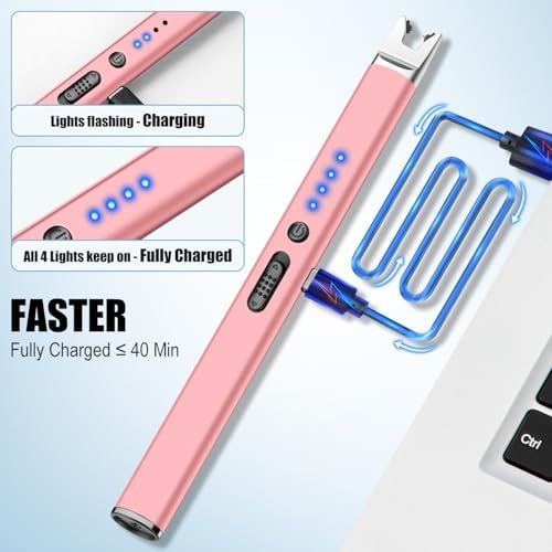 LcFun 2 Pack Candle Lighter Electric USB Rechargeable Plasma Arc Lighter with Safety Lock, Windproof Flameless Long Lighters for Candle, Grill, BBQ, Camping, Gas Stoves (Silver, Rose Gold)