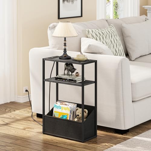 TUTOTAK Narrow Side Table with Charging Station, Slim End Table