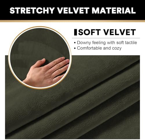 PrinceDeco Velvet Couch Covers for Sofa Soft 4 Pieces Couch Covers for 3 Cushion Couch Sofa Pet Friendly Furniture Protector with Non Slip Elastic Bottom Width Up to 90 Inch (Large, Olive)