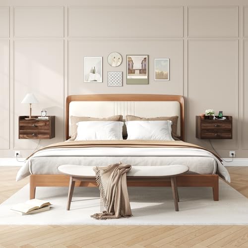 Floating Nightstand Set of 2 with 2 Storage Drawers and Charging Station