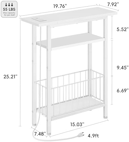 Vagusicc Narrow Side Table with Charging Station, Skinny Side End Table for Couch, 3-Tier Small End Tables for Small Spaces, 25.2" Tall Slim Nightstand Bedside Table for Living Room, Bedroom, White