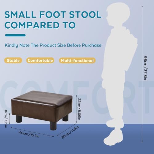 Small Foot Stool Ottoman, Faux Leather Footstool Ottoman Foot Rest for Couch, Rectangle Footstools and Ottomans Small for Living Room, Entryway and Bedroom (Brown)