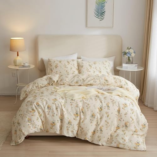 Garden Style Yellow Floral Comforter Set Twin XL Chic Flower Leaves Printed Girls Floral Bedding Set Fluffy Soft Microfiber Twin XL Comforter with 2 Pillowcases Vintage Floral Botanical Comforter Set