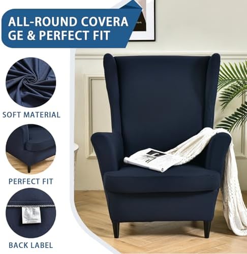 Wingback Chair Slipcover 2 Piece Stretch Armchair Cover Furniture Protector Washable Spandex Wing Navy Blue Chair Covers for Living Room