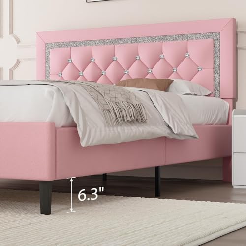 BarnFurin Full Size Bed Frame with Tufted Button Headboard,Pink