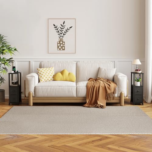 TUTOTAK Small Narrow End Tables, Side Tables with 2 Fabric Drawers, Set of 2, Bedside Tables with Charging Station for Small Spaces, Slim Nightstands with USB Ports and Wheels, TB01BK053