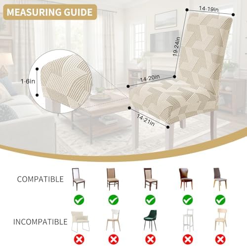 JIVINER Stretch Dining Chair Slipcovers Set of 2, Geometrical Jacquard Dining Chair Covers, Washable Kitchen Chair Covers for Dining Room, Hotel, Party, Beige