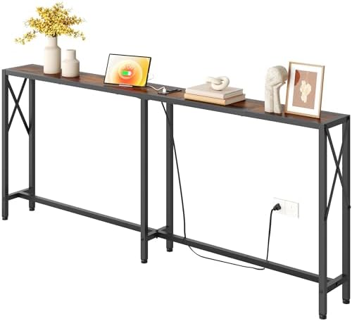 Gewudraw 70" Sofa Table Behind Couch with Oulets-Narrow Console Table,Brown