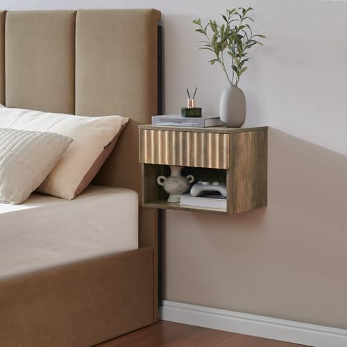 BuildHom Floating Nightstand with Fluted Drawer, Bedside Table