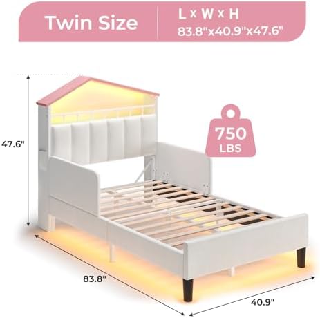 ADORNEVE Twin Size Girls Bed Frame with LED Lights,Beige & Pink