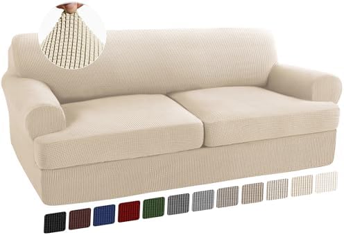 Turquoize 3 Piece T Cushion Sofa Slipcovers Sofa Cover for T Cushion Sofa Couches Stretch Couch Cover Furniture Covers with 2 Individual T Cushion Covers, Washable (2 Cushion Sofa, Biscotti Beige)
