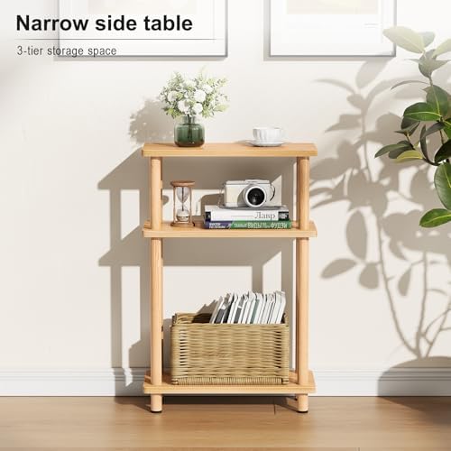 Apicizon Small Narrow Side Table, 3-Tier Skinny End Table, Natural