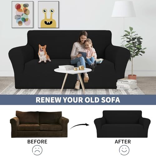 JIVINER Stretch Armchair Slipcovers, 1 Piece Chair Sofa Covers 1 Seater Couch Covers with Elastic Bottom for Kids, Pets (Black, Chair)
