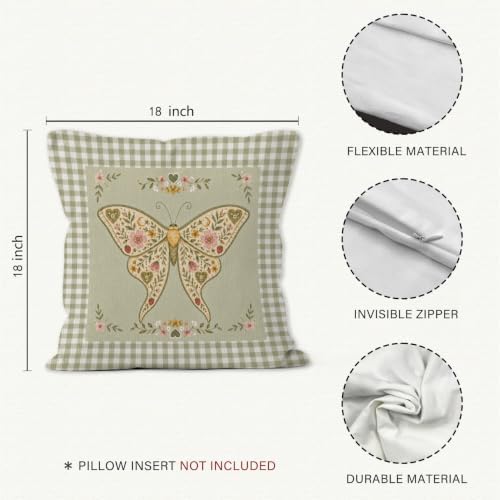 Cottagecore Luna Moth Green Gingham Throw Pillow Cover 18x18