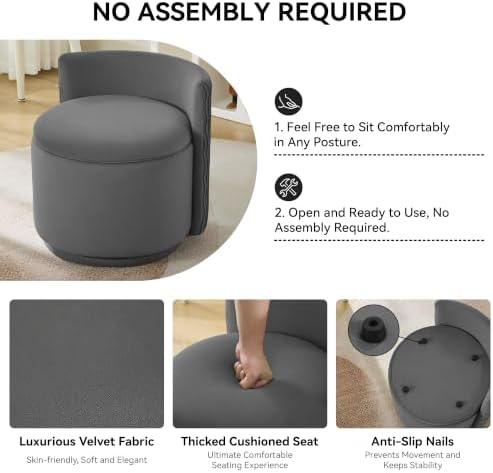 Large Velvet Vanity Chair, 360° Swivel Makeup Chair with Storage, Grey
