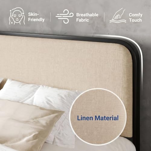 Allewie Full Metal Bed Frame with Upholstered , Beige