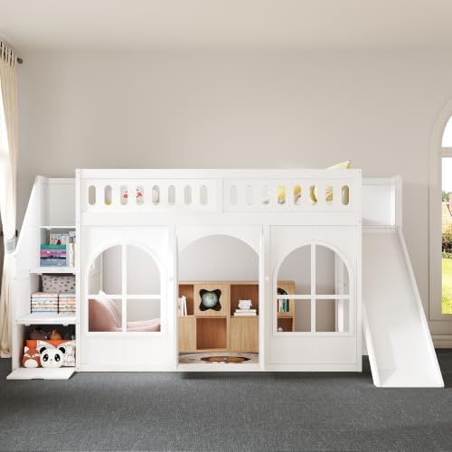 LUMISOL Twin Size Wood Loft Bed with Slide and Storage Staircase, Solid Wood Playhouse Loft Bed with Wardrobe and Window, White
