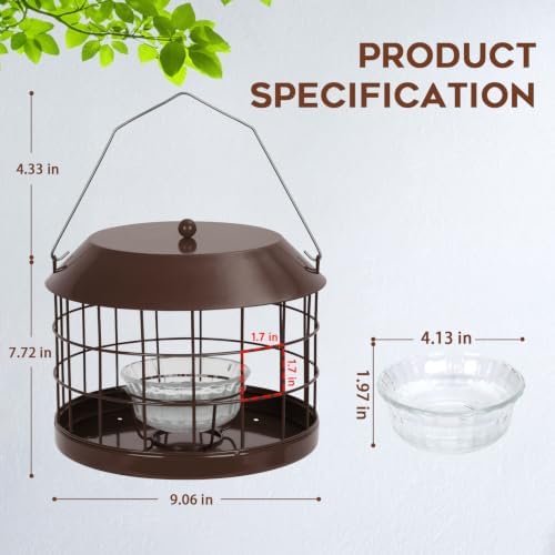Gbekery Bluebird Feeder for Mealworms with Glass Bowl for Outdoors, Brown
