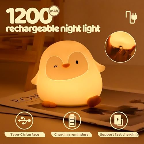Rytinazzz Silicone Night Light for Kids, 50H Long Battery Penguin Lamp, Gift for Kids, Rechargeable Tap Control, Soft Dimmable Bedside Light with Timer