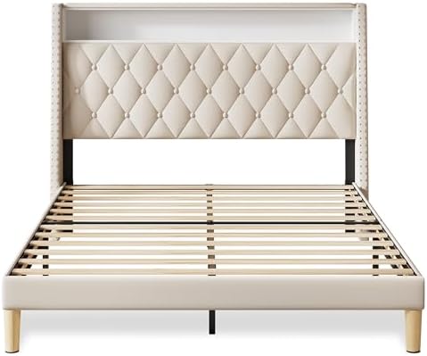 WLIVE Queen Size Upholstered Bed Frame with 48'' Tall Wingback Headboard, Velvet Square Tufted Platform Beds with Charging Station, Sturdy Metal & Wooden Slats Support, Beige