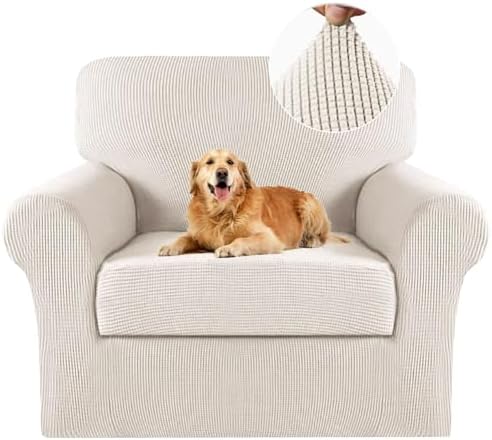 Turquoize 2 Piece Chair Covers Chair Slipcovers for Living Room Armchair Sofa Covers Chair Couch Cover with Arms Washable Furniture Protector for Chairs Feature Thick Jacquard Fabric (Chair, Ivory)
