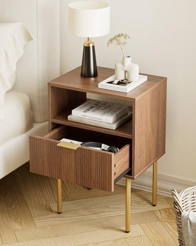 Aienvey Nightstand with One Drawer, WalnutStripe Night Stand and Gold Frame