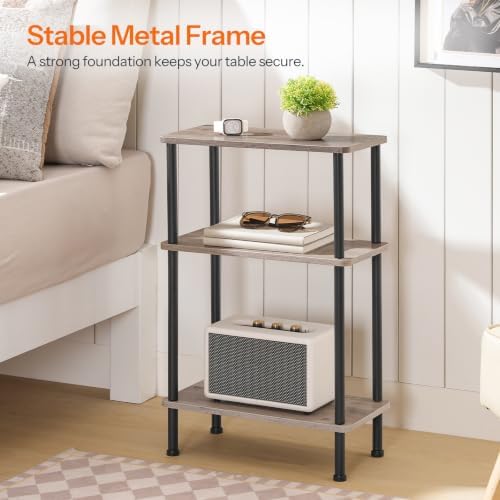 HOOBRO Narrow Side Table, 3-Tier Slim End Table No Tools Needed, Twist-On Assembly, Skinny Nightstand Sofa Storage Shelf for Living Room, Bedroom, Study, Greige and Black BG246BZ01