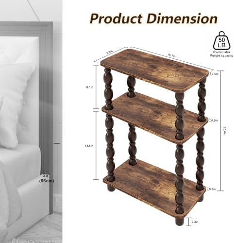 Narrow End Table, 3-Tier Side Table, Retro Couch Side Table for Small Spaces, Farmhouse End Table, Modern Accent Table, Skinny Bedside Table Nightstand for Bedroom, Living Room (Rustic Brown)