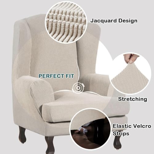Turquoize Wingback Chair Covers 2 Piece Wing Chair Slipcover Stretch Slipcovers for Wingback Chairs Wing Chair Cover Spandex Jacquard Fabric with Elastic Bottom Non-Slip Furniture Cover, Island Fossi