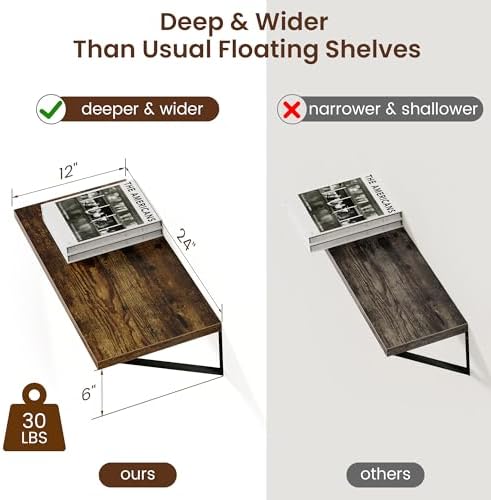 Axeman 12 Inch Deep Floating Shelves for Wall - 24 Inch Wide x 12 Inch Deep Wall Shelves Set of 2 - Rustic Wood Floating Shelves for Living Room