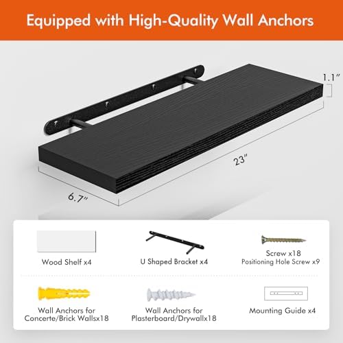 YUFLINX 23’’Black Floating Shelves for Wall,Rustic Wood Shelf for Room Decor/Storage/Display,Small Bookshelf,Wall Mounted Hanging Shelves for Bedroom, Bathroom, Living Room, Kitchen,Set of 4