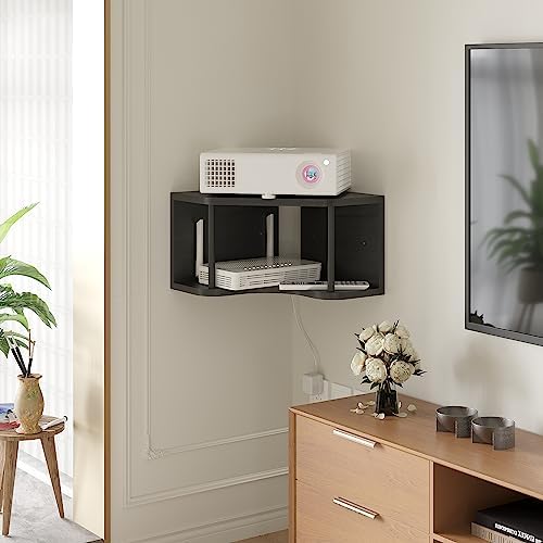 Black Floating Corner Wall Shelves with Cord Hole - Pine Wood 90° Corner Floating Nightstand Shelves Wall Mounted, 18’’ Floating Cabinet Shelf, Projector Corner Shelf for Living Room,Bedroom,Kitchen