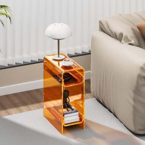 Clear Acrylic Side Table, Narrow Nightstand Bedside Table for Bedroom, Skinny Small End Table (Orange, 11.8'' x 15.7'' x 21.7")