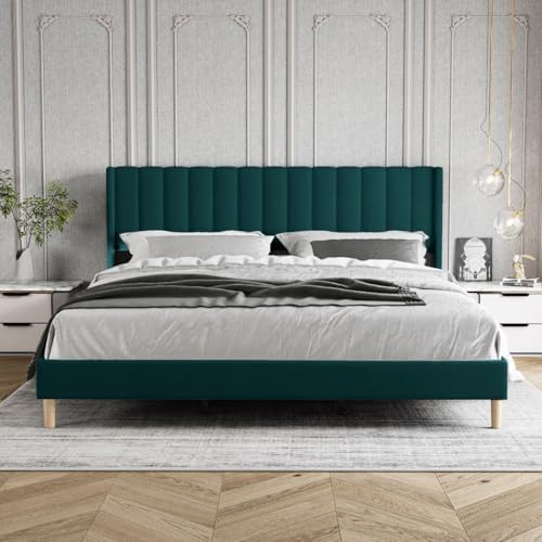 King Size Bed Frame with Velvet Upholstered Headboard, Green