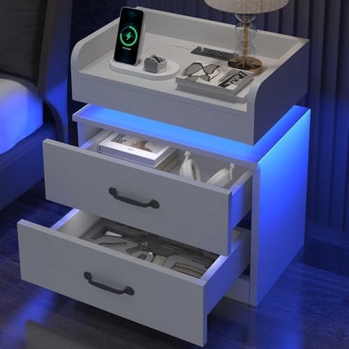 4ever2buy White Nightstand Set of 2 with Charging Station and LED Lights