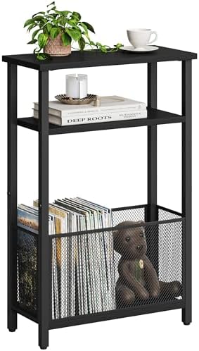 MMEOLUOOK Narrow Side Table with Storage Basket Skinny End Tables for Smalls Spaces 3 Tier Sofa Table Small Nightstand Slim Bedside Table for Living Room Bedroom Black MLBZ22B