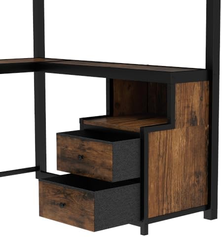 Queen Loft Bed with Desk, 2 Fabric Drawers and 2 Storage Shelves, Metal Heavy Duty Queen Size Loft Bed for Adults, Teens, No Box Spring Needed, Black