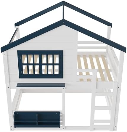 Full Over Full Size House Bunk Bed with Storage Bookshelf, White