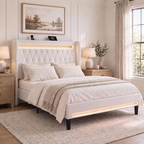 Allewie Full Size Upholstered Bed Frame with LED & Charging Station, White