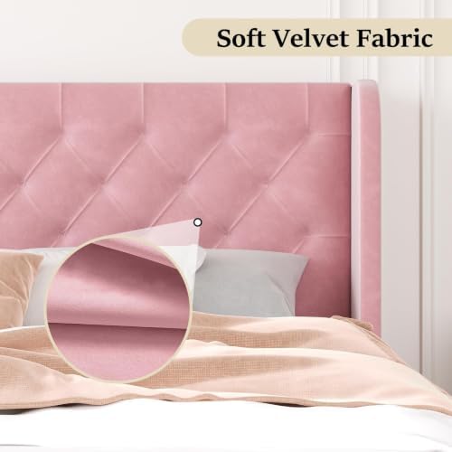 HOMBCK Full Size Bed Frame with Velvet Upholstered Headboard, Pink