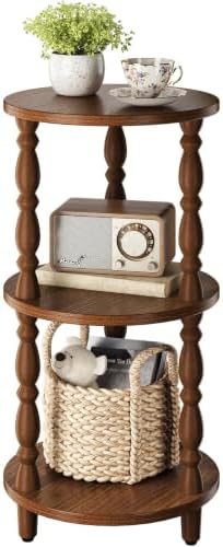 Yoobure Small Round Side Table - 3-Tier End Table with Storage Shelf, Narrow Bedside Table Nightstand for Bedroom, Accent End Tables Living Room, Wood Side Tables for Small Spaces, Office, Walnut