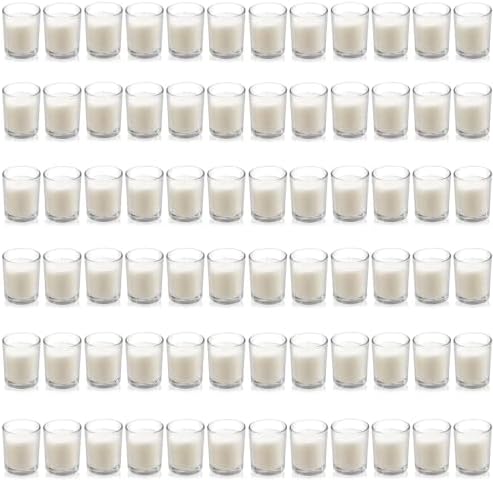 Set of 72 Pack White Unscented Clear Glass Filled Votive Candles. Hand Poured Wax Candle Ideal Gifts for Home Décor Parties Weddings Holidays and Meditation (White)