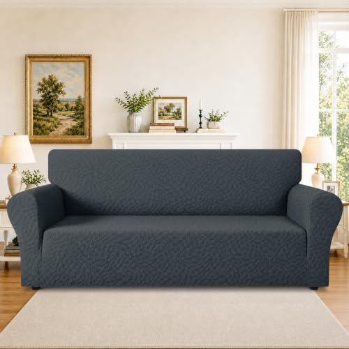 ZNSAYOTX 1 Piece Stretch Sofa Covers for 3 Cushion Couch (72"-90"), New Plaid Couch Cover with Non-Slip Buckle for Dog Pets, Ultimate Soft Cozy Washable Sofa Slipcover Form Fit Protector, Dark Grey