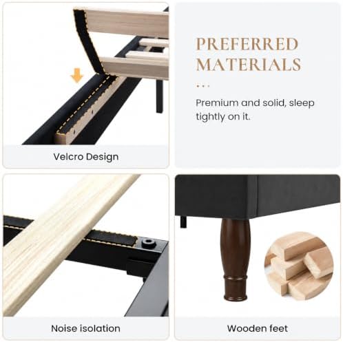 SHA CERLIN Full Size Bed Frame with Adjustable Headboard/Velvet Upholstered/Diamond Button Tufted and Metal Studs/No Box Spring Needed/Wood Slat Support/Easy Assembly/Black