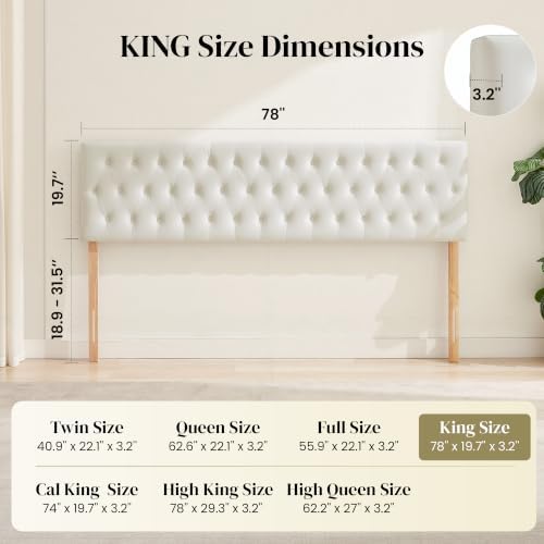 Kingfun Tufted Upholstered King Size Bed Headboard in Modern Button Design, Adjustable Solid Wood Head Board, Premium Velvet Fabric Padded Headboards in Bedroom (White)