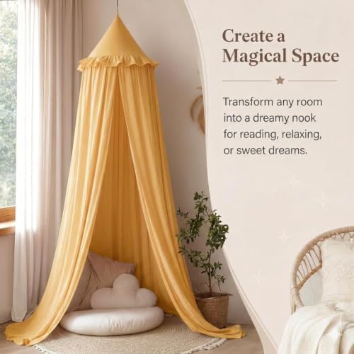 Bed Canopy for Girls, Princess Crib Canopy for Nursery, Dreamy Soft Hanging Canopy for Toddler Bed, Twin & Full Size, Kids Bed Canopy for Girls Room Decor & Reading Nook, Golden Yellow