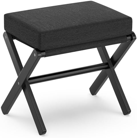 BAMBOOHOMIE Foldable Foot Stool Ottoman, Small Padded Foot Rest with Bamboo X-Legs, Portable Folding Leg Rest for Living Room Bedroom Office, Soft Foam Cushion Step Stool for Couch & Armchair (Black)
