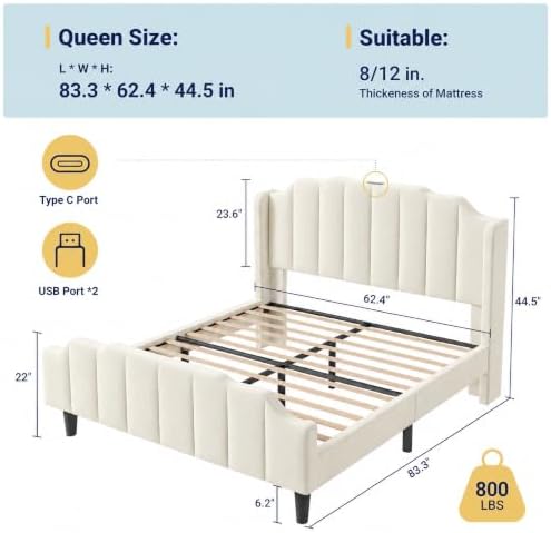 Allewie Vintage Queen Size Velvet Platform Bed Frame, Cream White