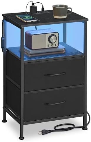 SONGMICS Nightstand with Charging Station, 2 Fabric Drawers